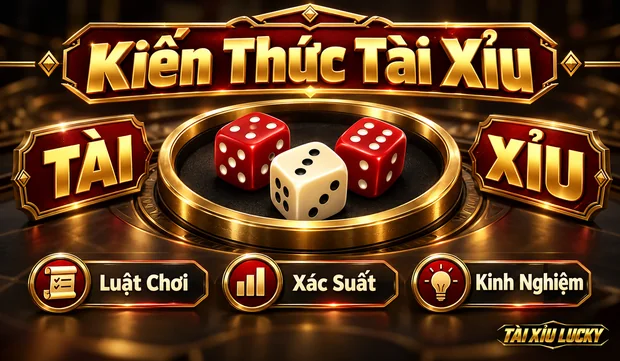 Ba xúc xắc trên bàn Tài/Xỉu với ba nhóm kiến thức luật chơi, xác suất và kinh nghiệm.