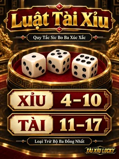 Ba xúc xắc cùng bảng luật Xỉu 4–10, Tài 11–17, loại trừ bộ ba đồng nhất theo Sic Bo.