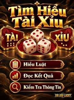Bàn Tài/Xỉu và ba xúc xắc minh họa các bước hiểu luật, đọc kết quả và kiểm tra thông tin.