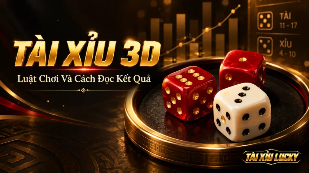 Ba xúc xắc 3D đỏ và trắng trên khay vàng minh họa luật chơi và cách đọc kết quả tài xỉu